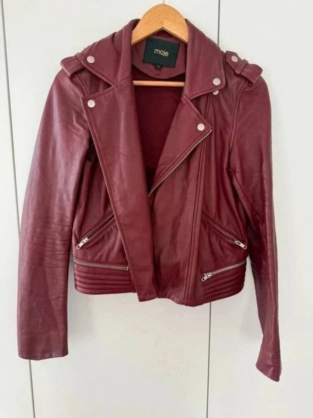 Maje Burgundy Leather Biker Jacket Women's US 8
